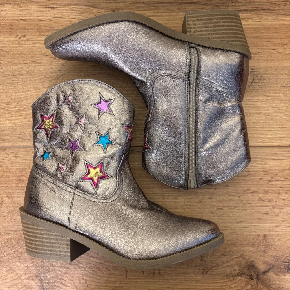 STEVE MADDEN Mirey Star Cowboy Boots Pewter Metallic Silver Kids Size 5 Low Heel